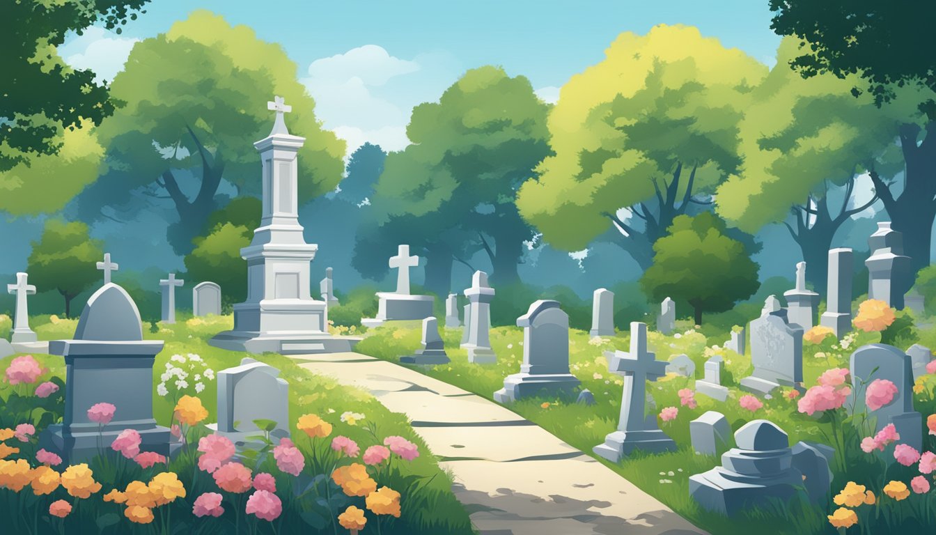 A serene cemetery with gravestones and flowers, under a clear blue sky