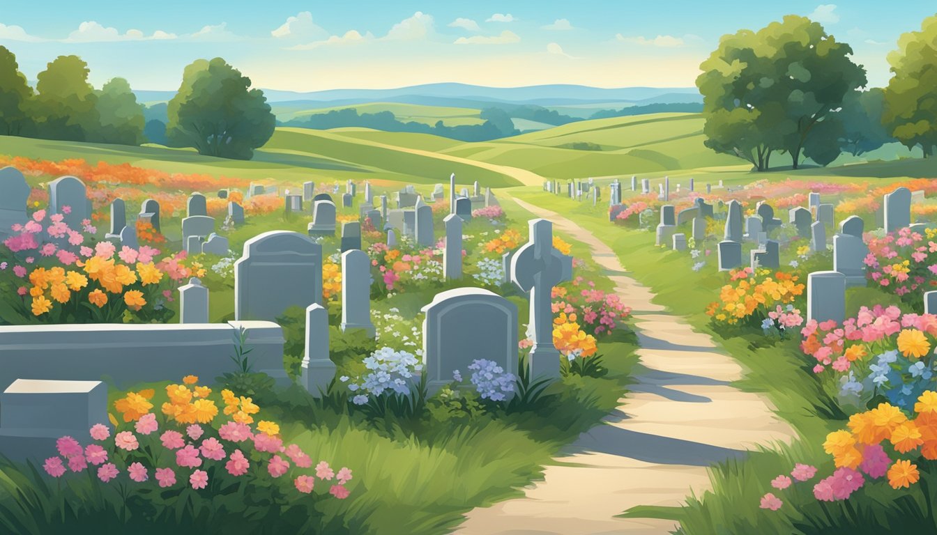 A peaceful cemetery in rural Iowa, with colorful flowers and a serene atmosphere, surrounded by rolling hills and a clear blue sky