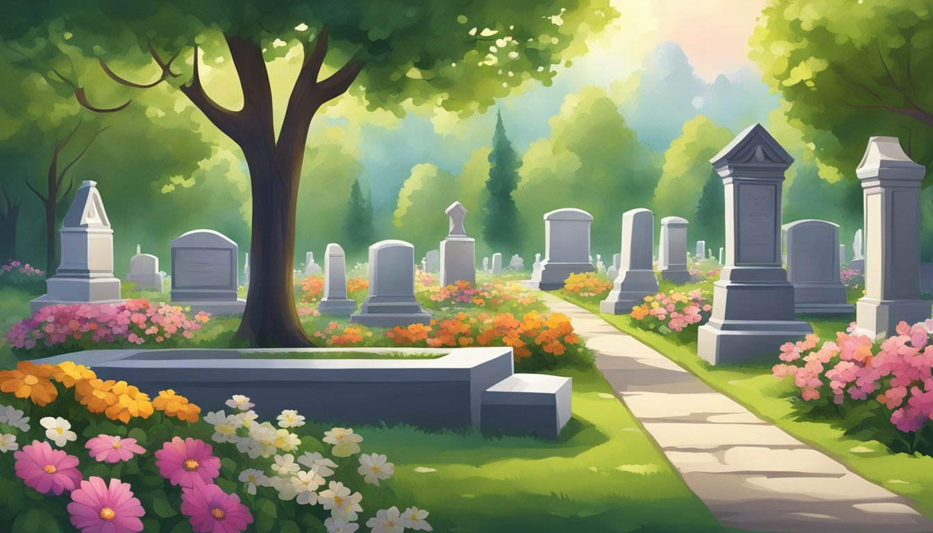 A serene cemetery with a peaceful atmosphere, surrounded by lush greenery and colorful flowers. A small, tasteful headstone marks the final resting place