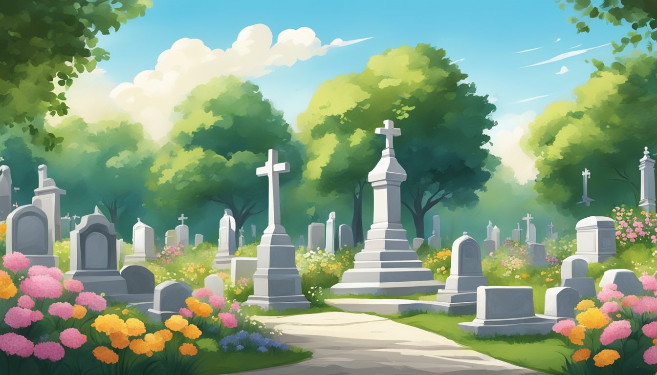 A serene cemetery with a peaceful atmosphere, surrounded by lush greenery and flowers, with a clear blue sky overhead