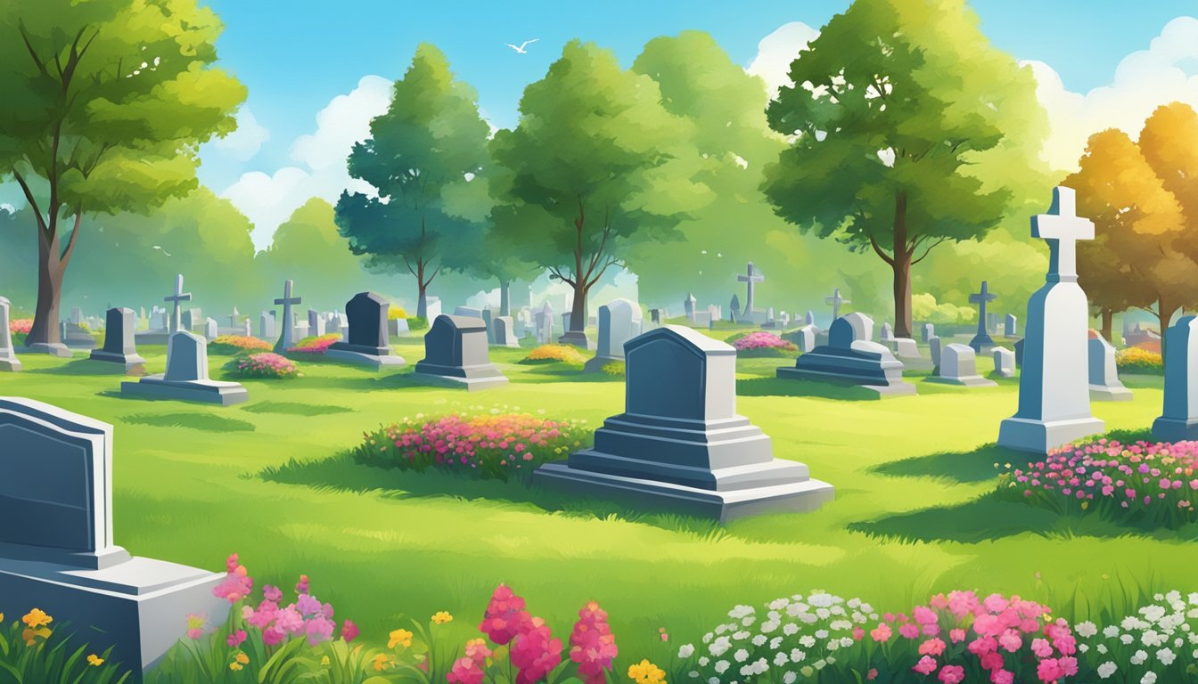 A peaceful cemetery under a clear blue sky, with rows of gravestones surrounded by vibrant green grass and colorful flowers