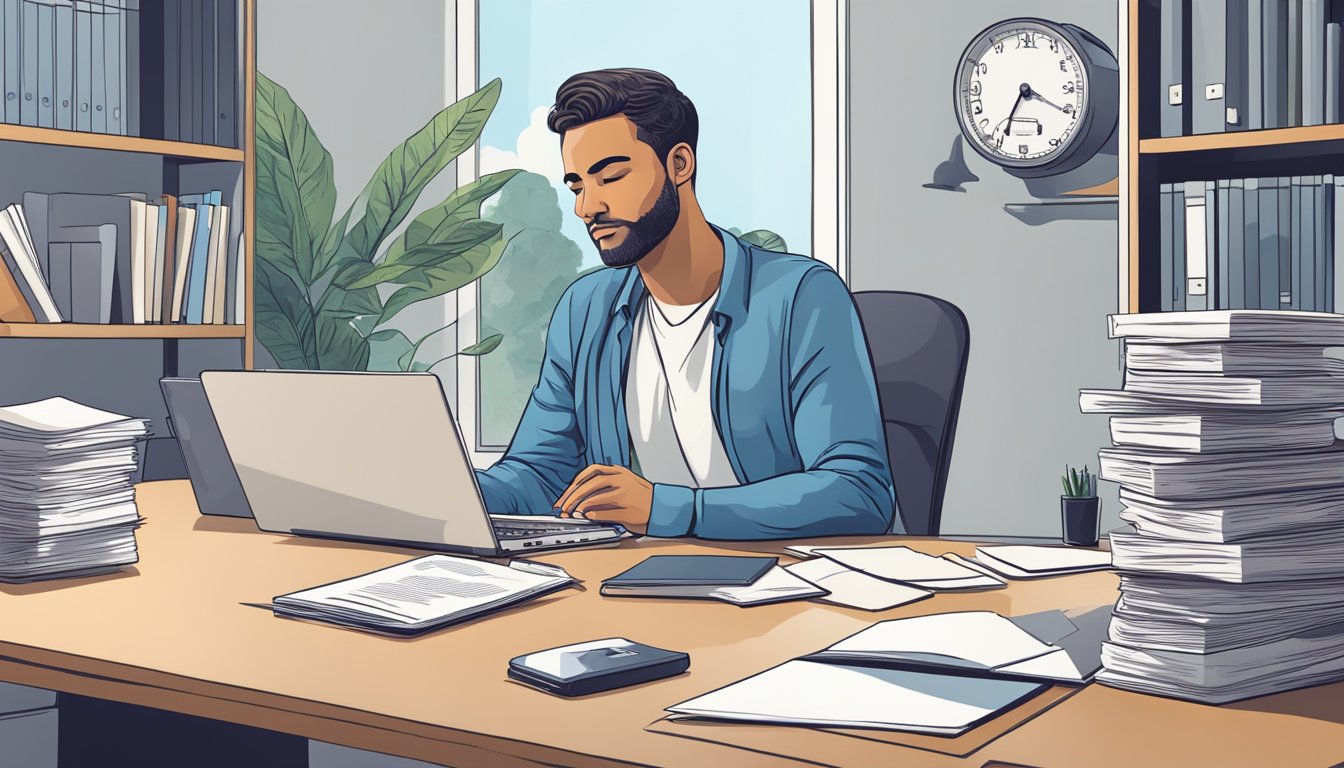 A person sitting at a desk, surrounded by paperwork and a computer, contemplating different burial insurance options in California