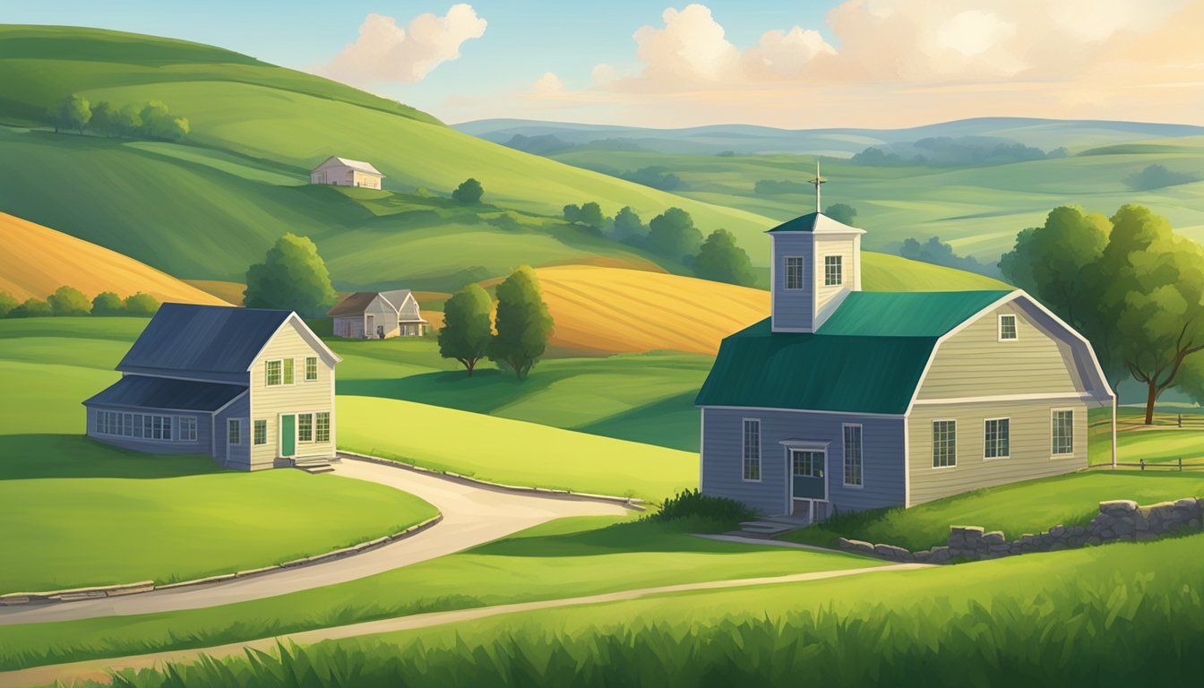 A serene countryside landscape in Iowa, with a small, quaint burial insurance office nestled among rolling hills and fields of green