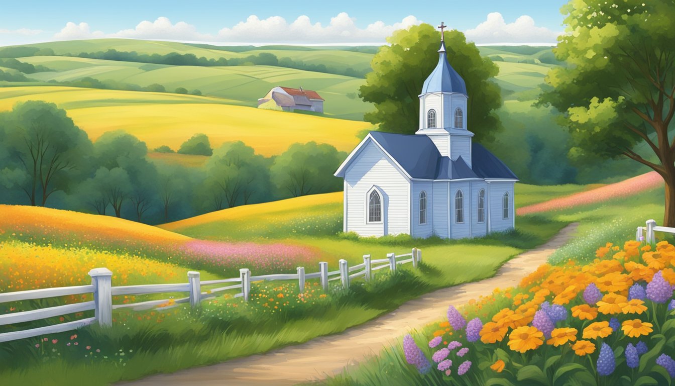 A peaceful countryside scene in Iowa, with a small chapel surrounded by rolling hills and fields of wildflowers