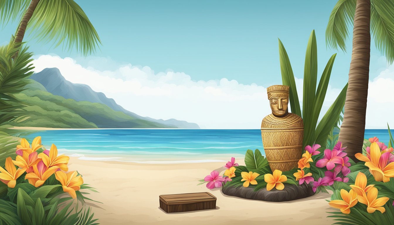 A tropical beach with a calm ocean, a palm tree, and a traditional Hawaiian burial site with flowers and offerings