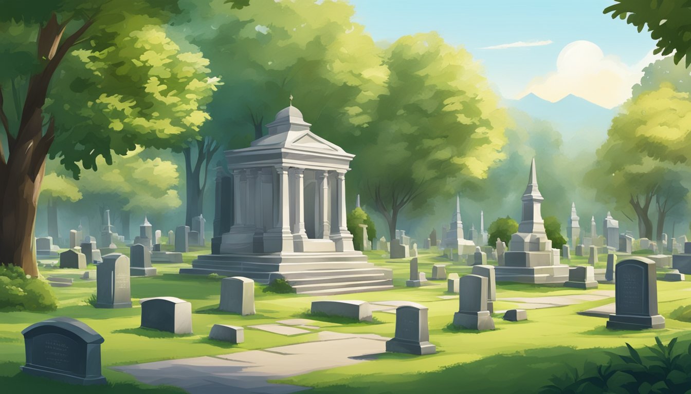 A serene cemetery with a peaceful atmosphere, surrounded by lush greenery and adorned with elegant headstones and monuments