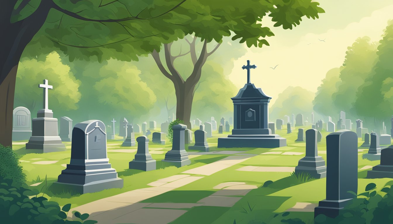 A serene cemetery with gravestones, surrounded by lush greenery and a peaceful atmosphere, symbolizing the benefits of burial insurance in Delaware