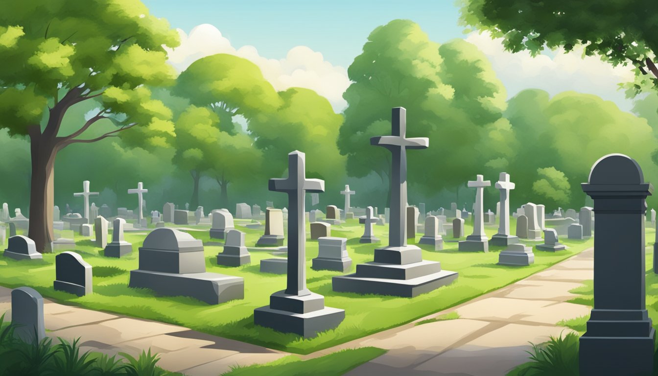 A serene cemetery with a lush green landscape, gravestones, and a peaceful atmosphere