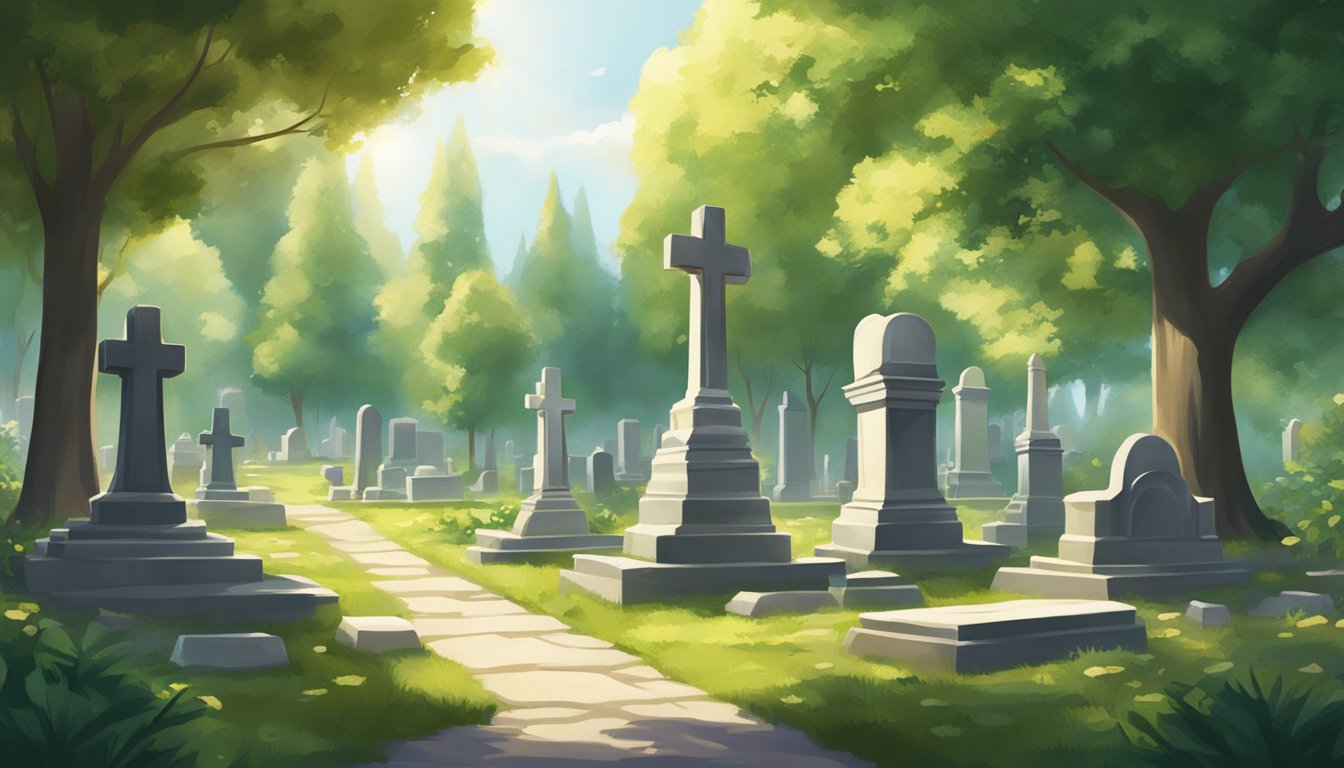 A serene cemetery with a peaceful atmosphere, surrounded by lush greenery and gentle sunlight filtering through the trees