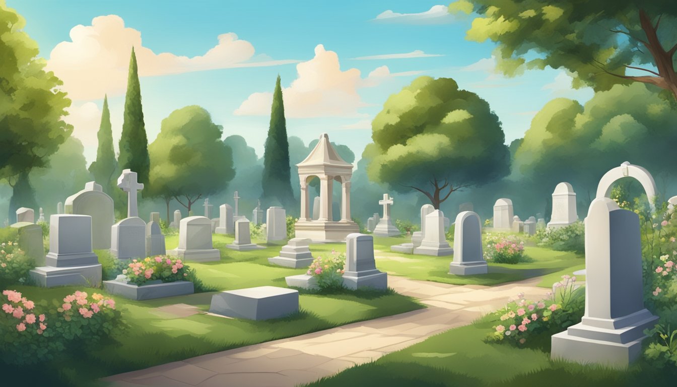 A serene cemetery with a peaceful atmosphere, surrounded by lush greenery and adorned with elegant headstones and monuments