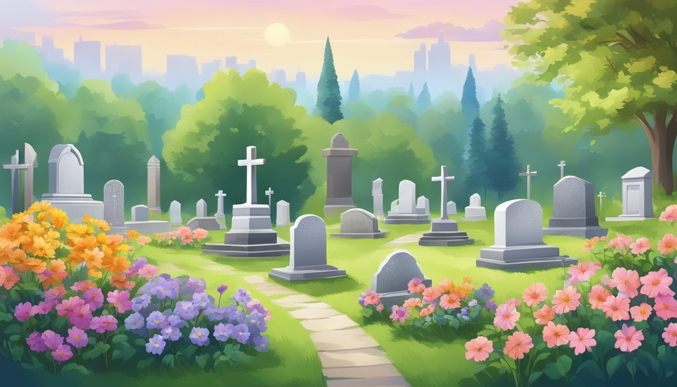 A peaceful cemetery in Indiana, with colorful flowers and a serene atmosphere, suitable for a burial insurance illustration