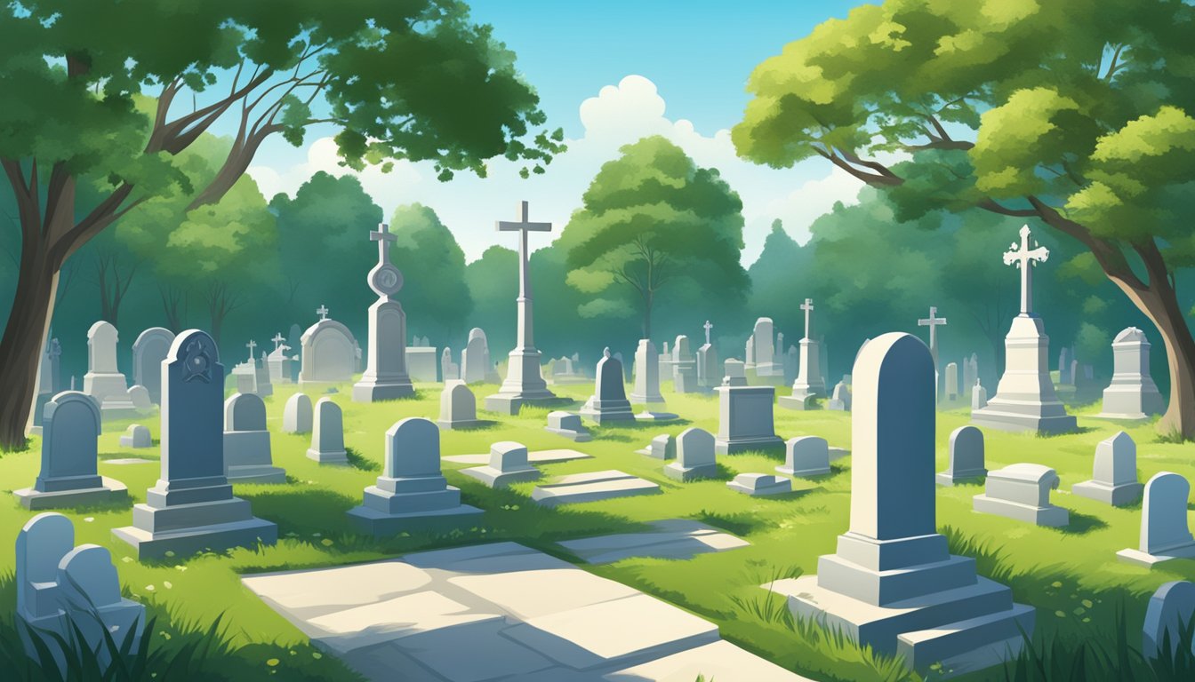 A serene cemetery with a variety of headstones surrounded by lush greenery, under a clear blue sky