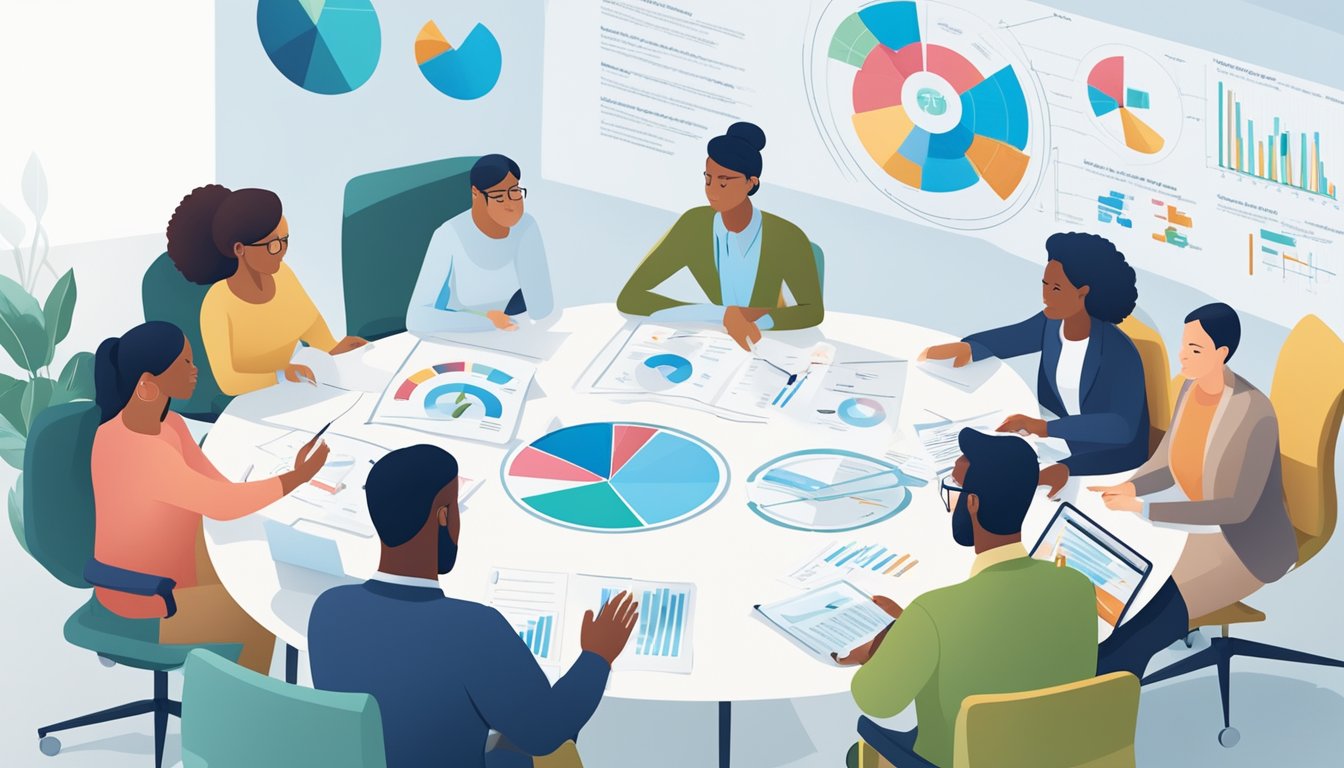 A diverse group of people discussing critical illness insurance coverage options at a round table with charts and graphs displayed on a screen