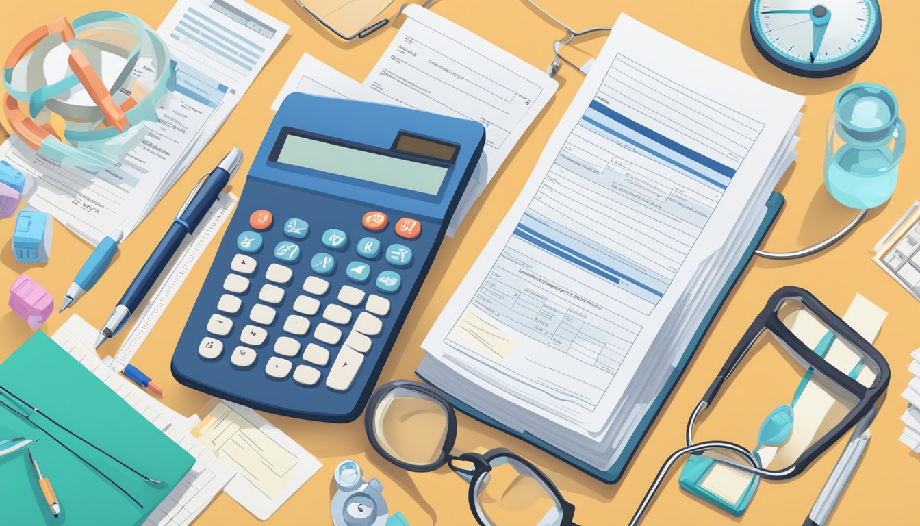 A stack of critical illness policy documents surrounded by a calculator, pen, and medical imagery