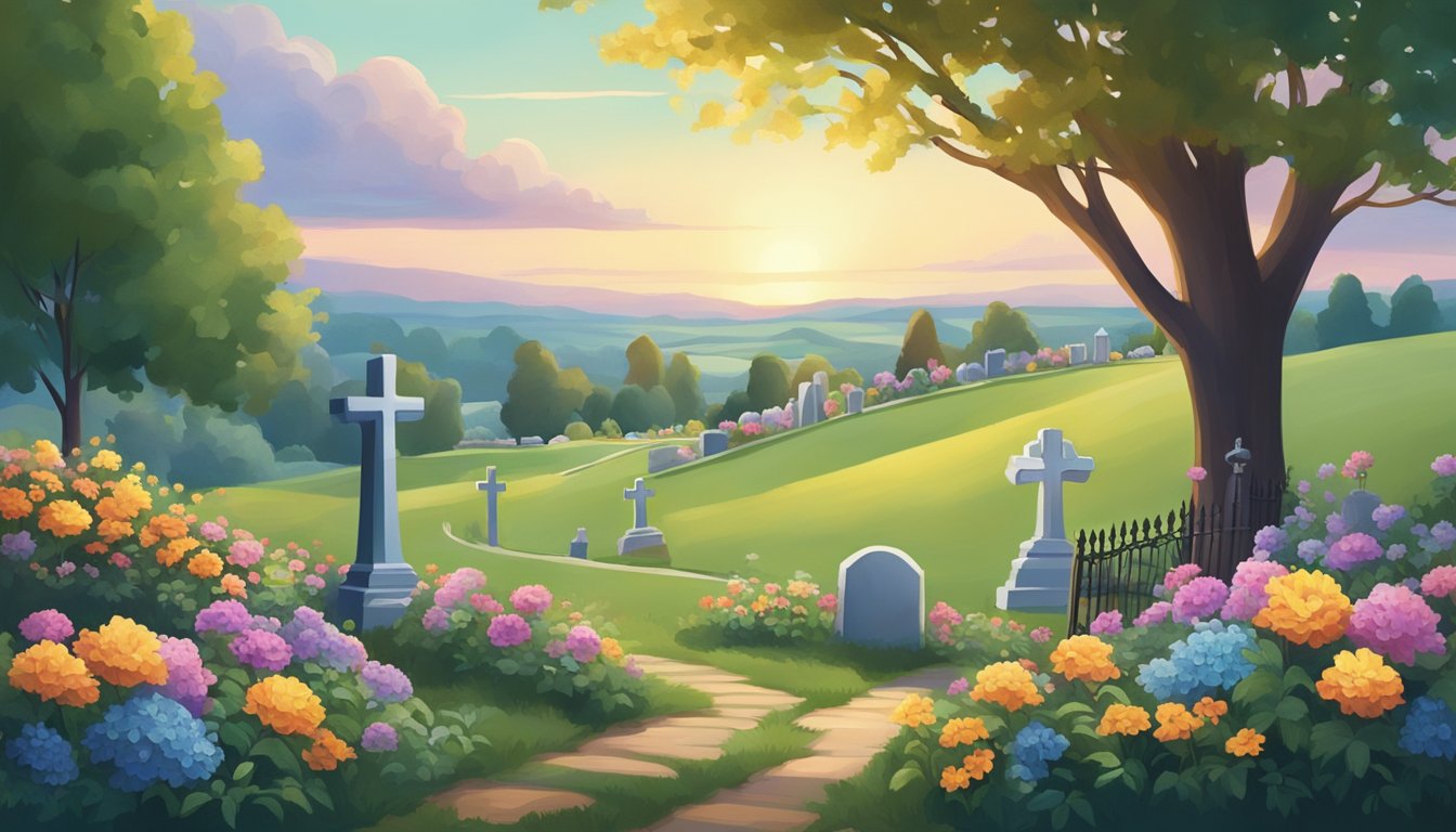 A serene cemetery nestled in the rolling hills of Indiana, with colorful flowers and a peaceful atmosphere, evoking a sense of tranquility and finality