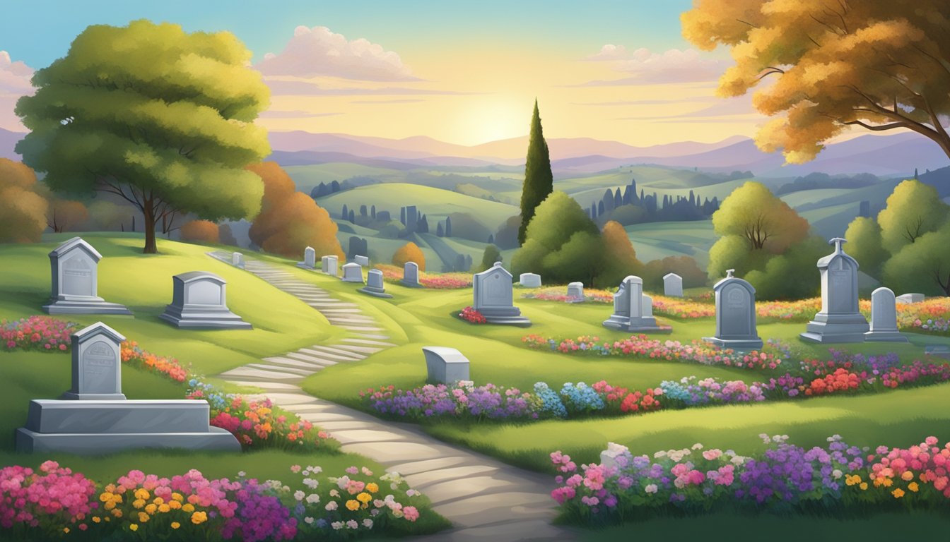 A tranquil cemetery nestled among rolling hills, with a peaceful chapel and vibrant flowers adorning the graves