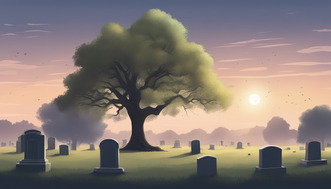 A serene cemetery with a lone tree and gravestones under a soft evening sky