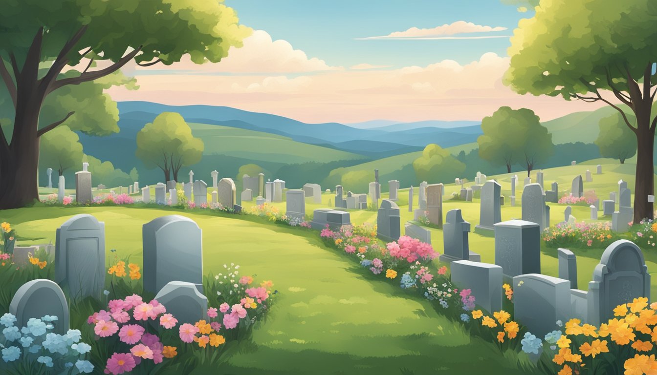 A serene cemetery with gravestones and flowers, set against a backdrop of rolling hills and a peaceful sky