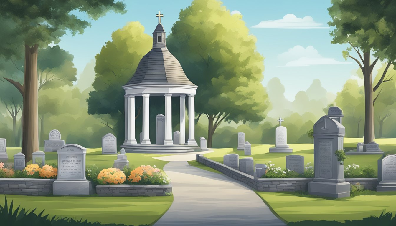 A serene cemetery with a peaceful landscape, a small chapel, and a sign advertising burial insurance in Georgia