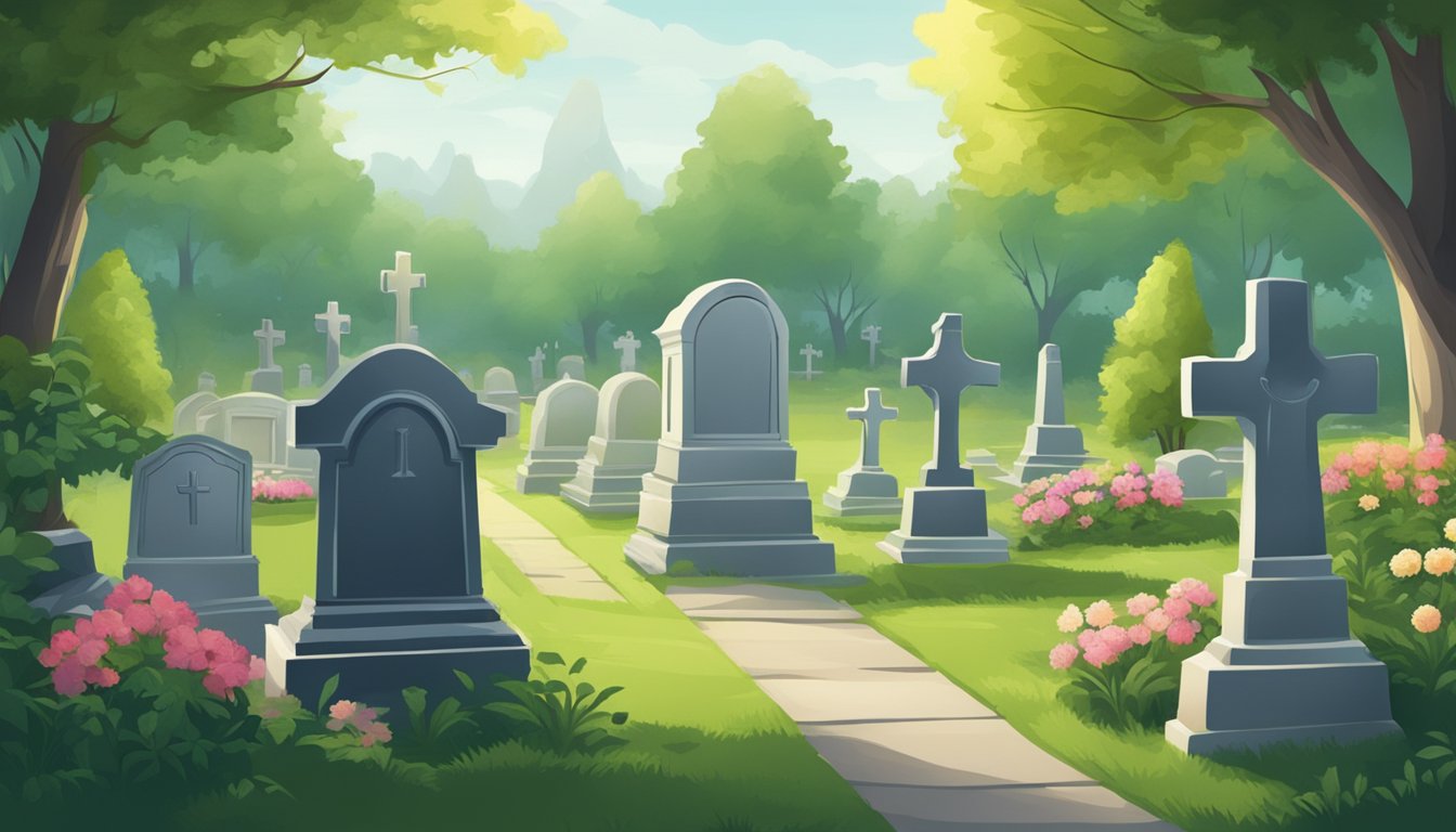 A serene cemetery with gravestones surrounded by lush greenery and a peaceful atmosphere