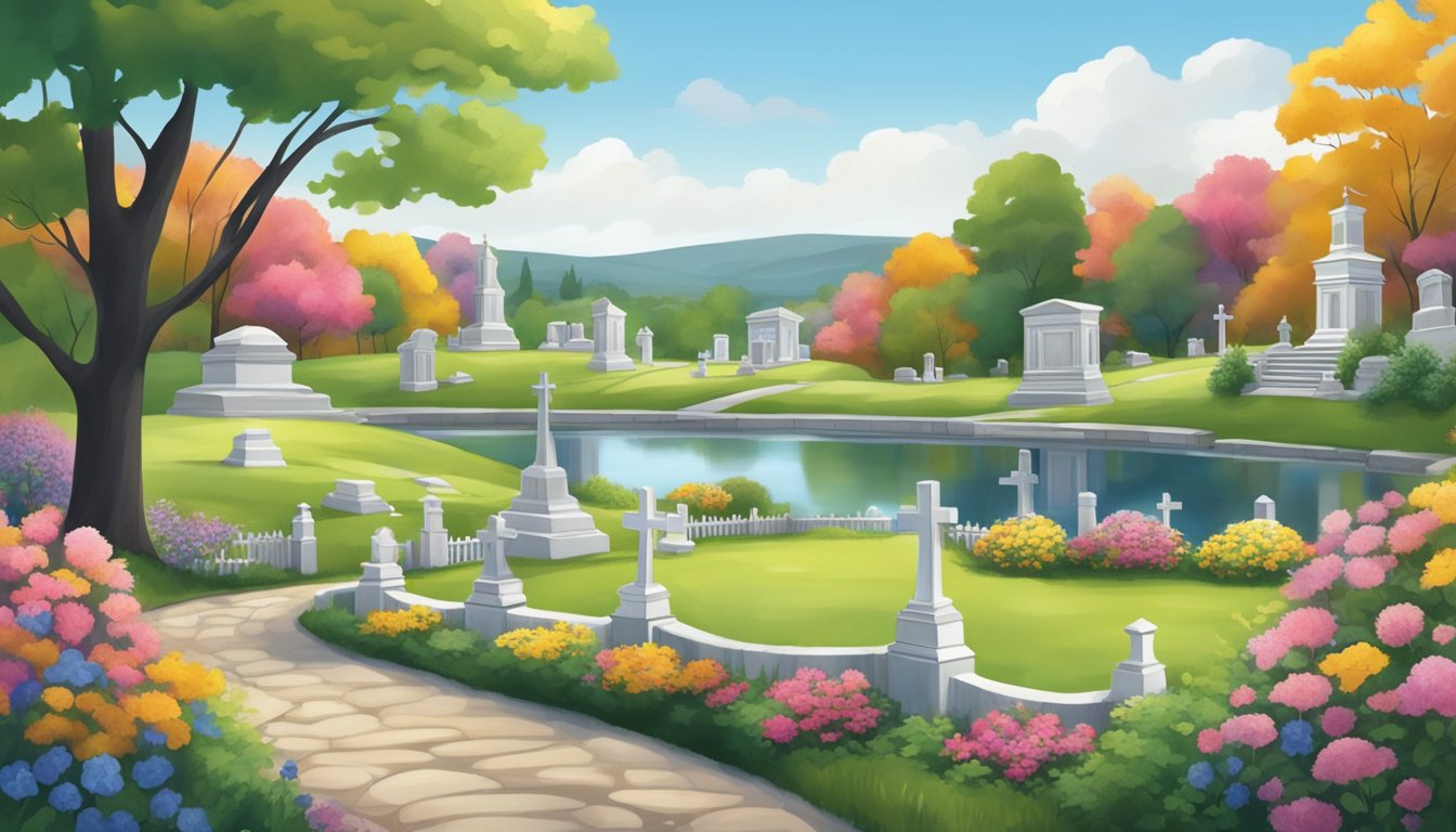 A serene cemetery nestled among rolling hills, with a peaceful pond and colorful flowers, surrounded by a quaint New England town