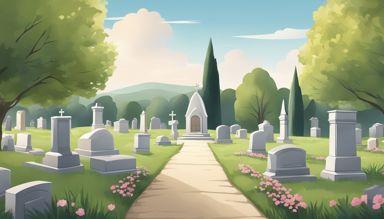 A serene cemetery with a peaceful landscape, gravestones, and a small chapel in the distance