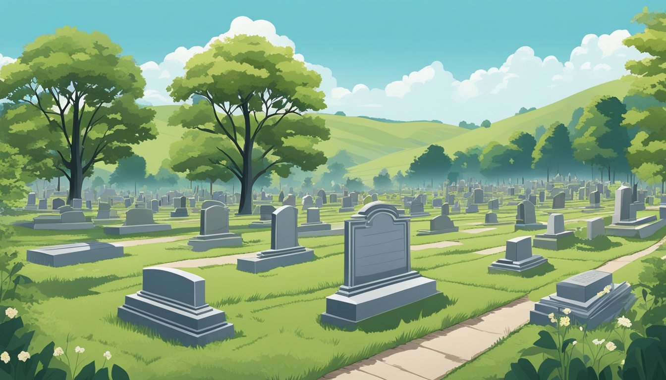 A peaceful cemetery with rows of gravestones under a clear blue sky, surrounded by rolling hills and lush greenery in Kentucky