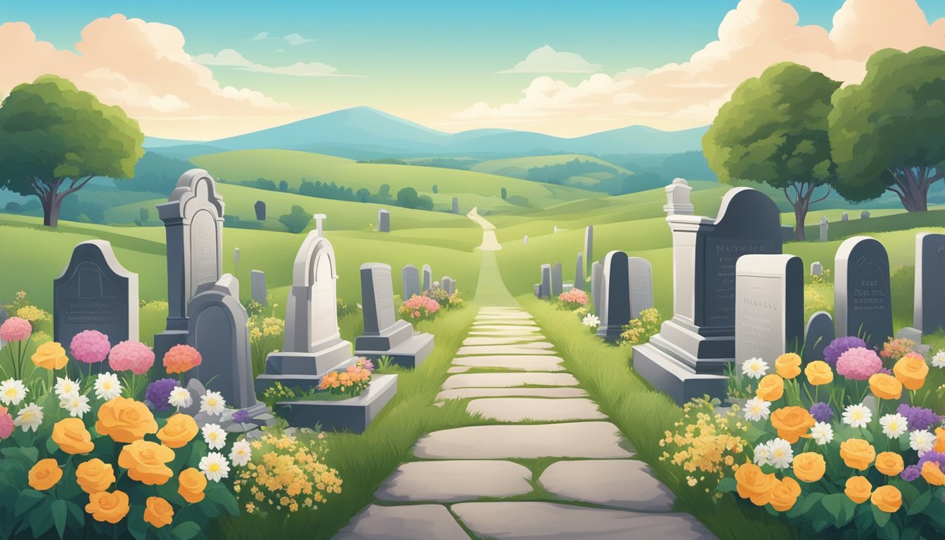 A peaceful cemetery with a variety of headstones and flowers, set against a backdrop of rolling hills and a serene sky