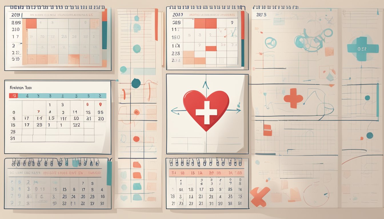 A calendar page with the date circled in red, a broken heart symbol, and a crossed-out medical symbol