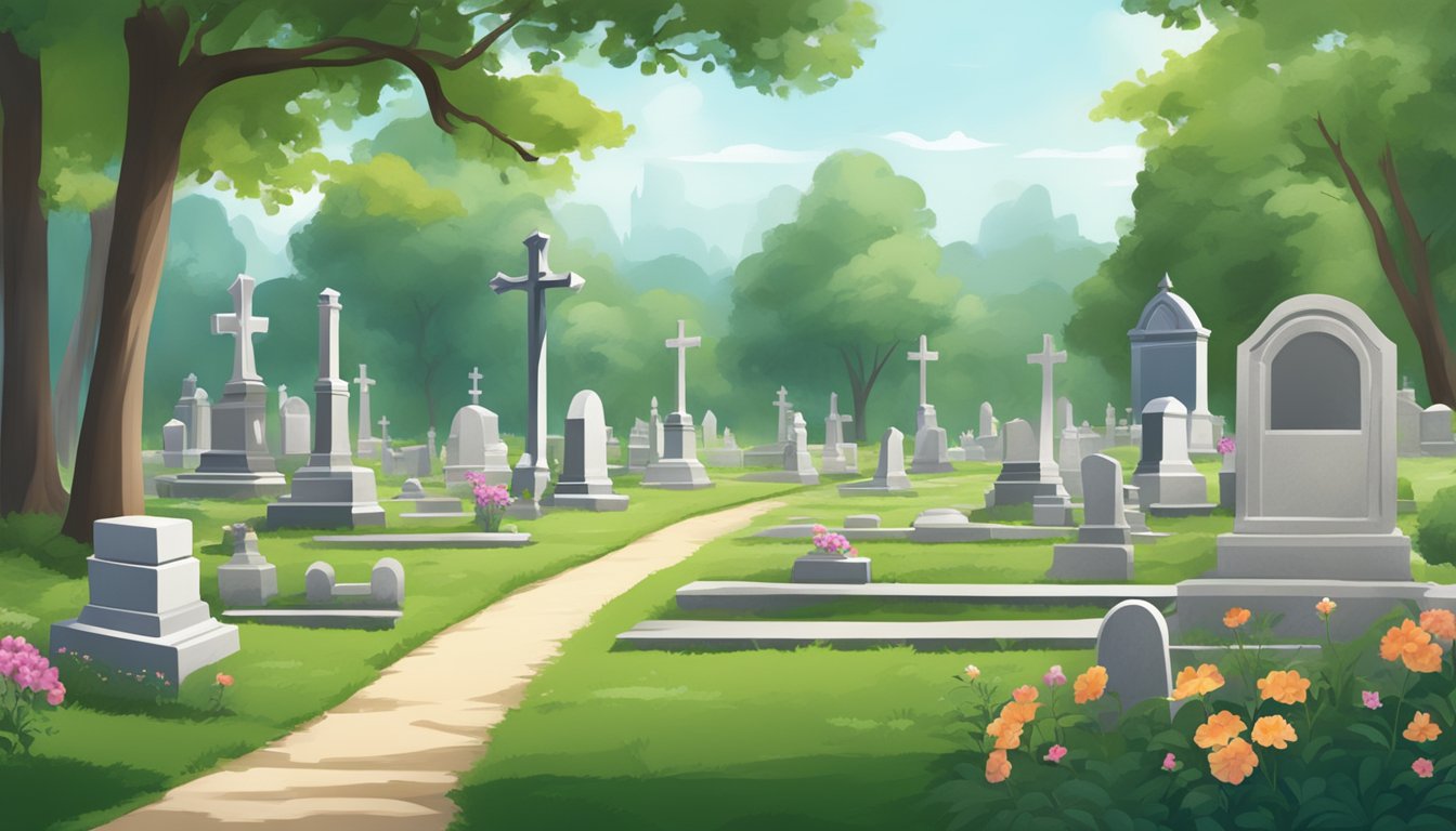 A serene cemetery with a variety of headstones and grave markers, surrounded by lush greenery and peaceful surroundings