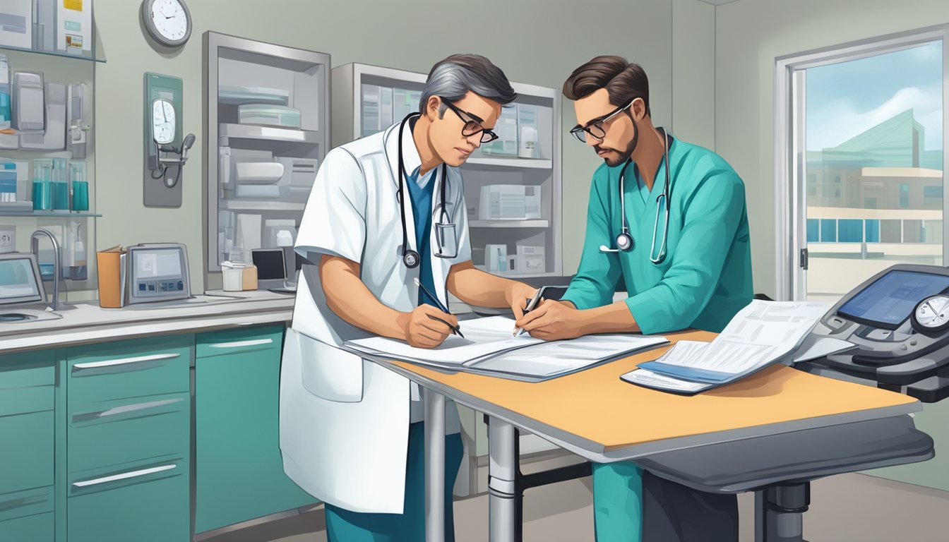 A doctor signing paperwork as a patient looks on, surrounded by medical equipment and a hospital room