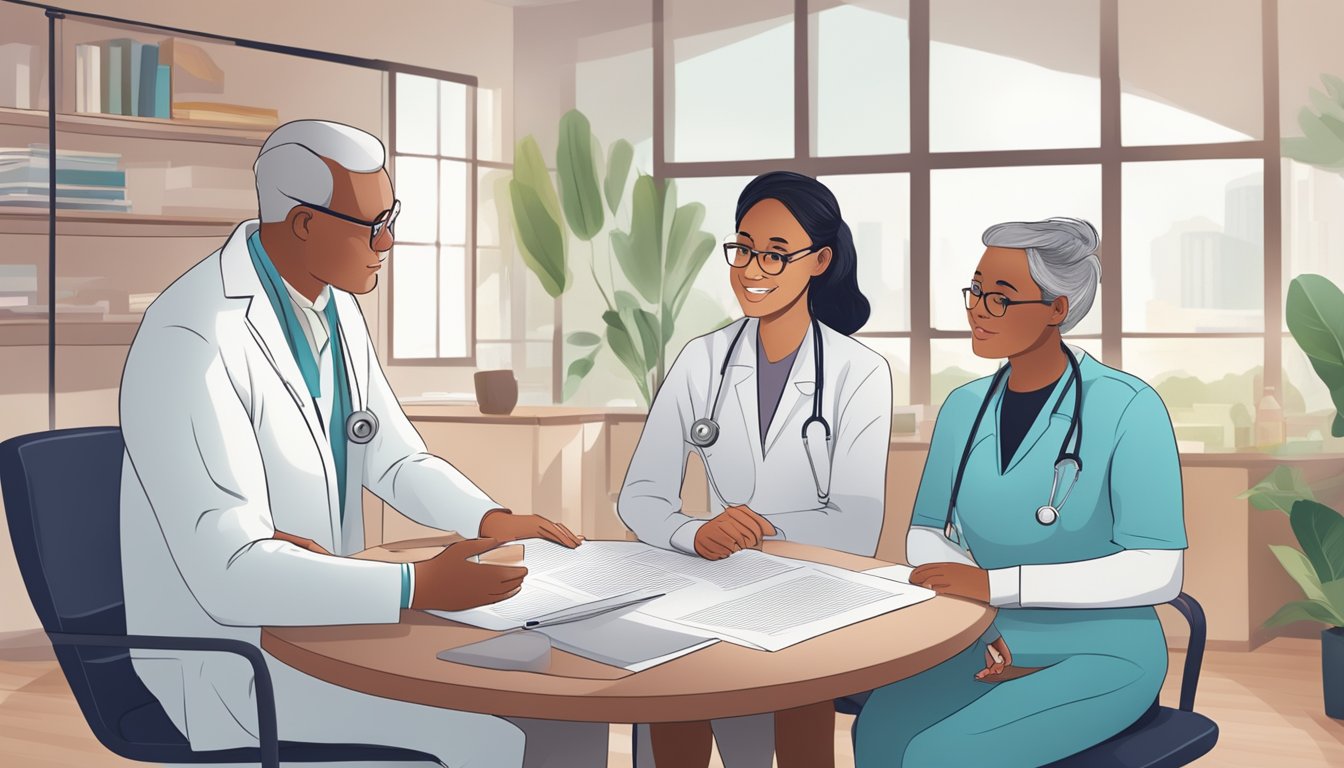 A doctor discussing critical illness coverage with a patient's family, pointing to a detailed policy document