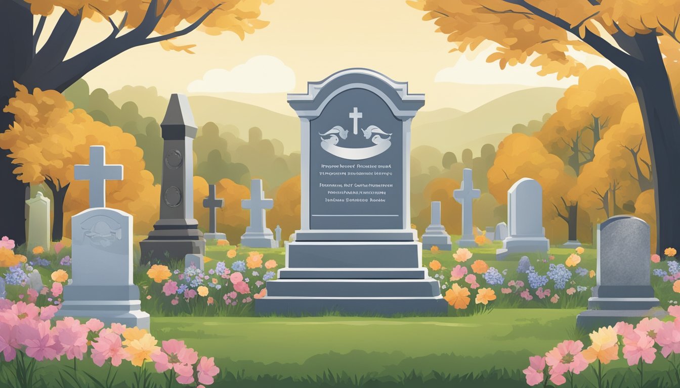 A peaceful cemetery in Massachusetts with a serene landscape and a tombstone adorned with flowers, representing the additional benefits and riders of burial insurance