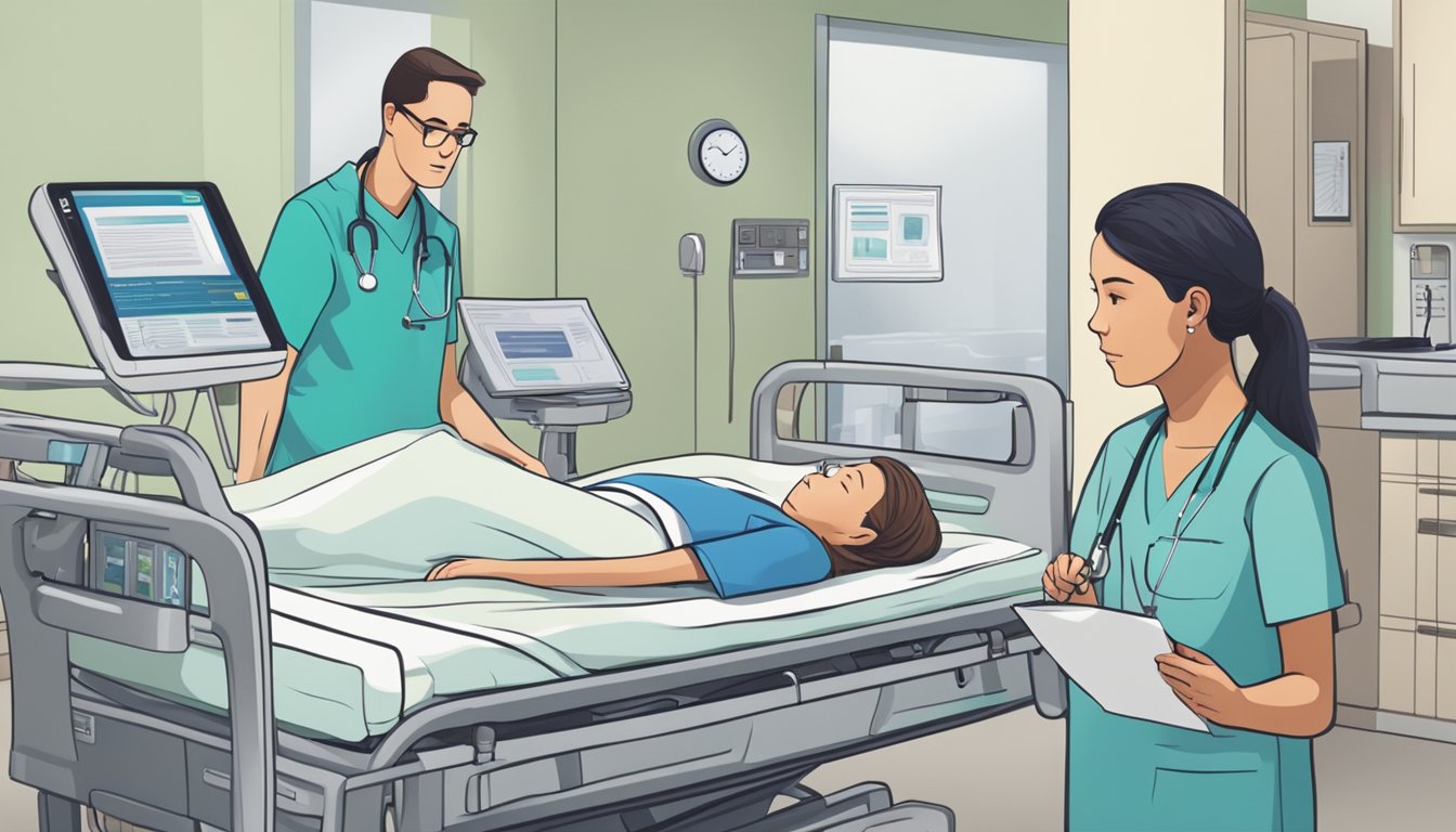 A hospital bed surrounded by medical equipment, with a worried family member looking at a brochure for critical illness insurance