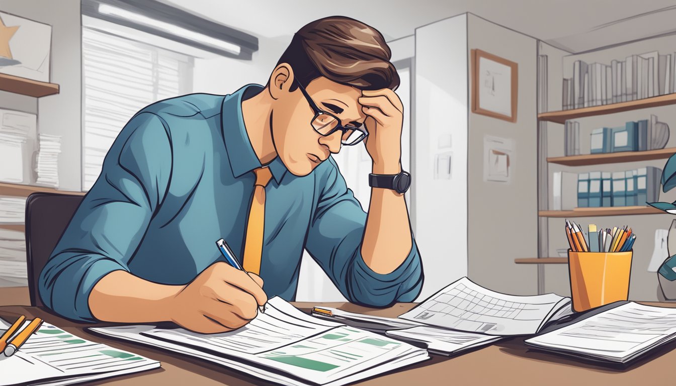 A person reviewing insurance policy documents with a calendar and a worried expression