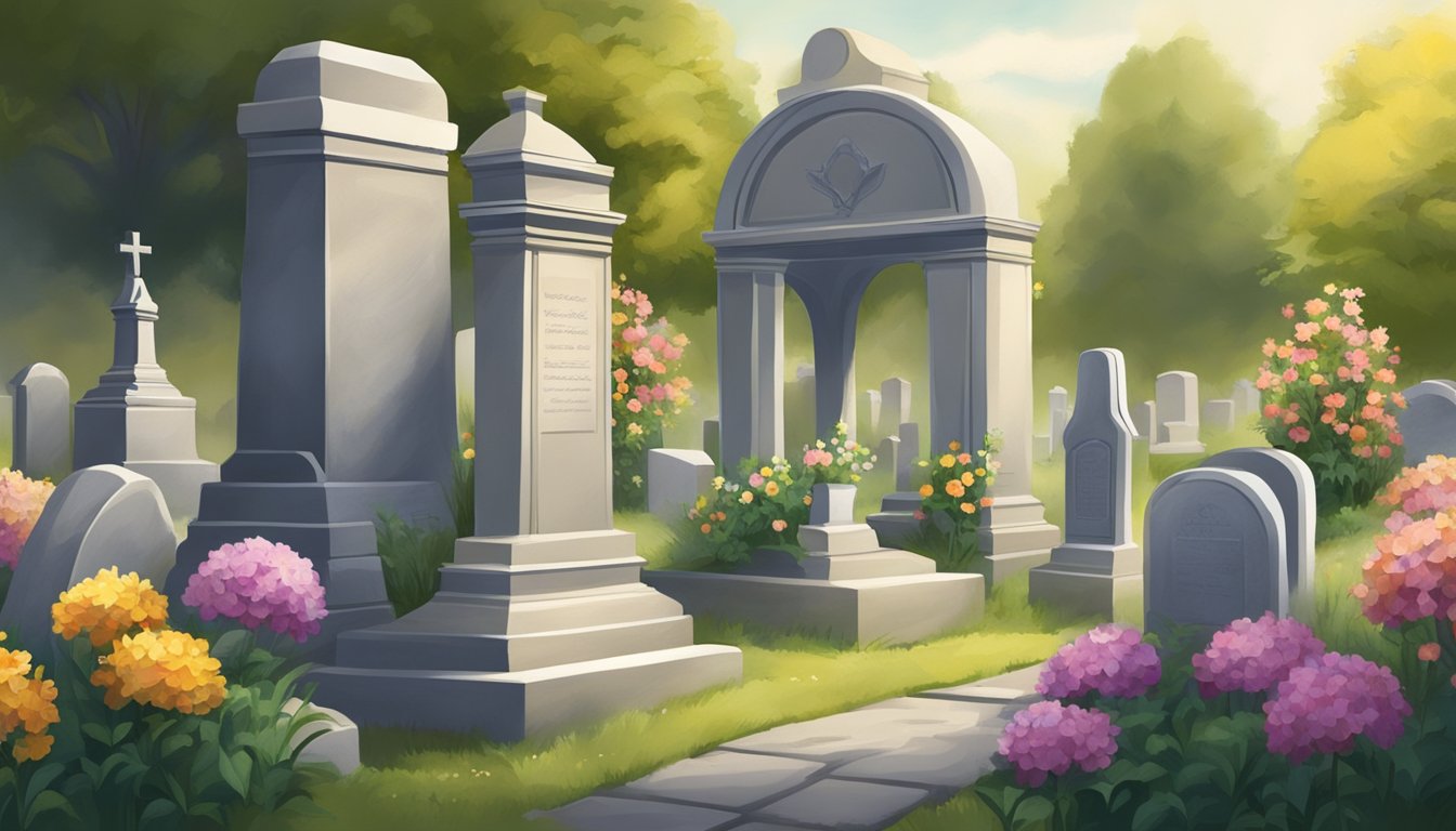 A serene cemetery with a headstone, flowers, and a peaceful atmosphere