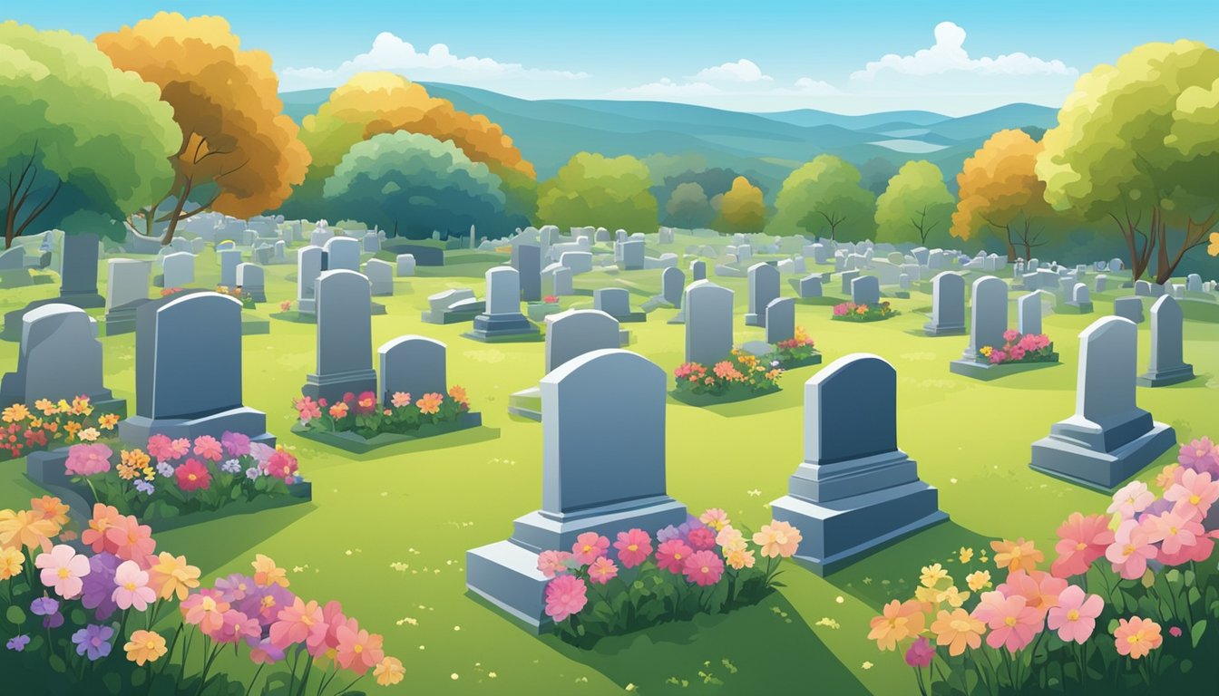 A peaceful cemetery with gravestones and colorful flowers, set against a backdrop of rolling hills and a clear blue sky