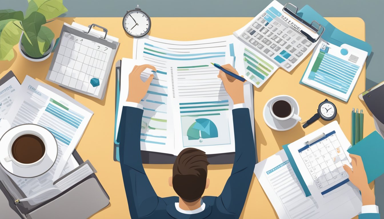 A person reviewing paperwork, surrounded by insurance documents and a calendar indicating the end date for critical illness coverage