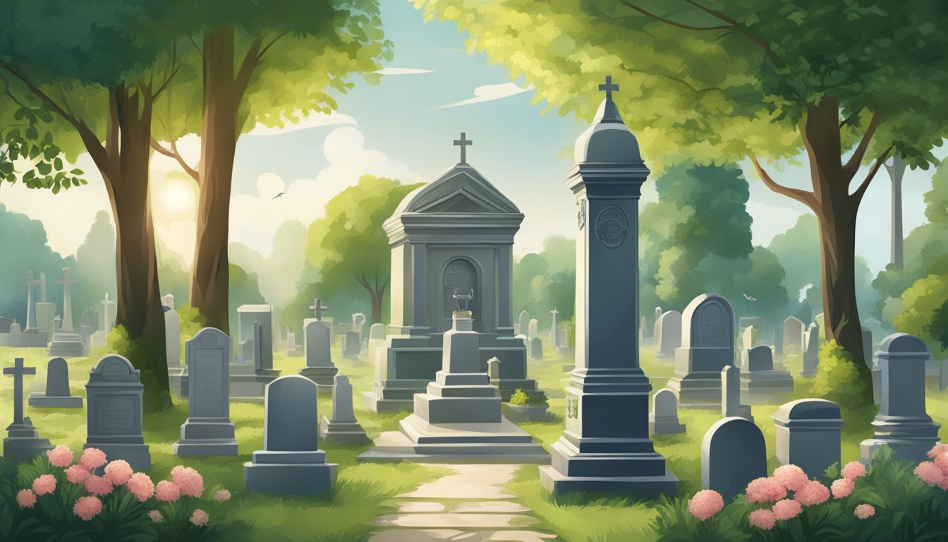 A serene cemetery with a peaceful atmosphere, surrounded by lush greenery and adorned with elegant headstones and monuments