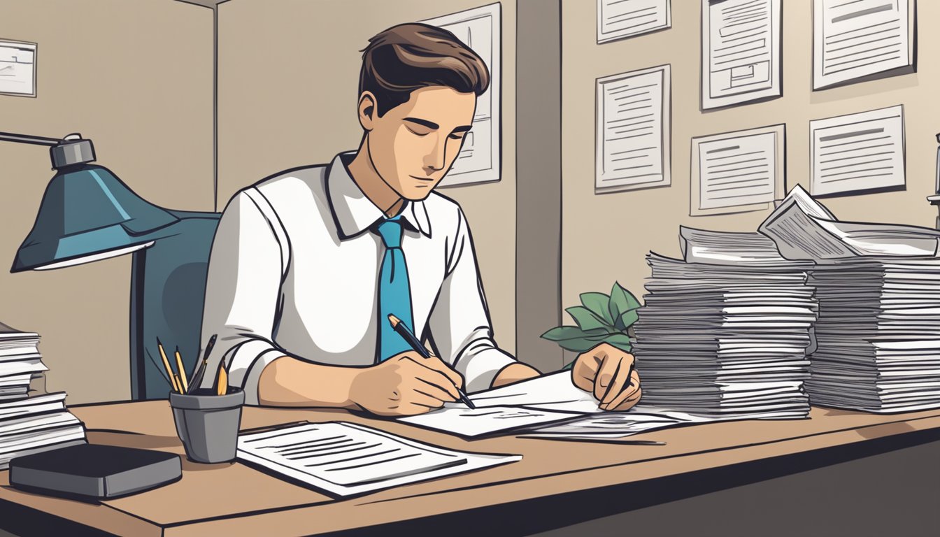 A person sitting at a desk filling out paperwork, with a stack of documents and a pen in hand. A sign on the wall reads "Burial Insurance Application Process."