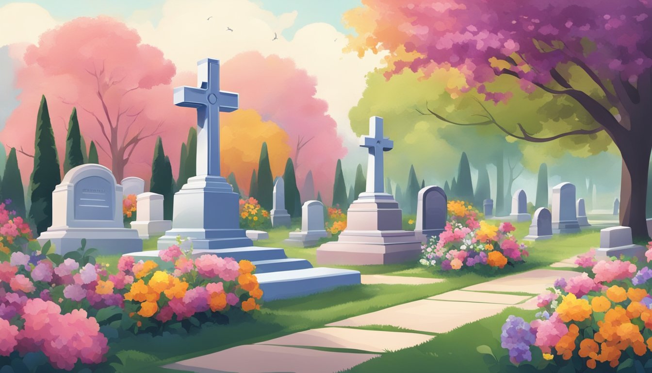 A serene cemetery with a colorful array of flowers and a peaceful atmosphere, with a person discussing funeral arrangements and burial insurance with a representative