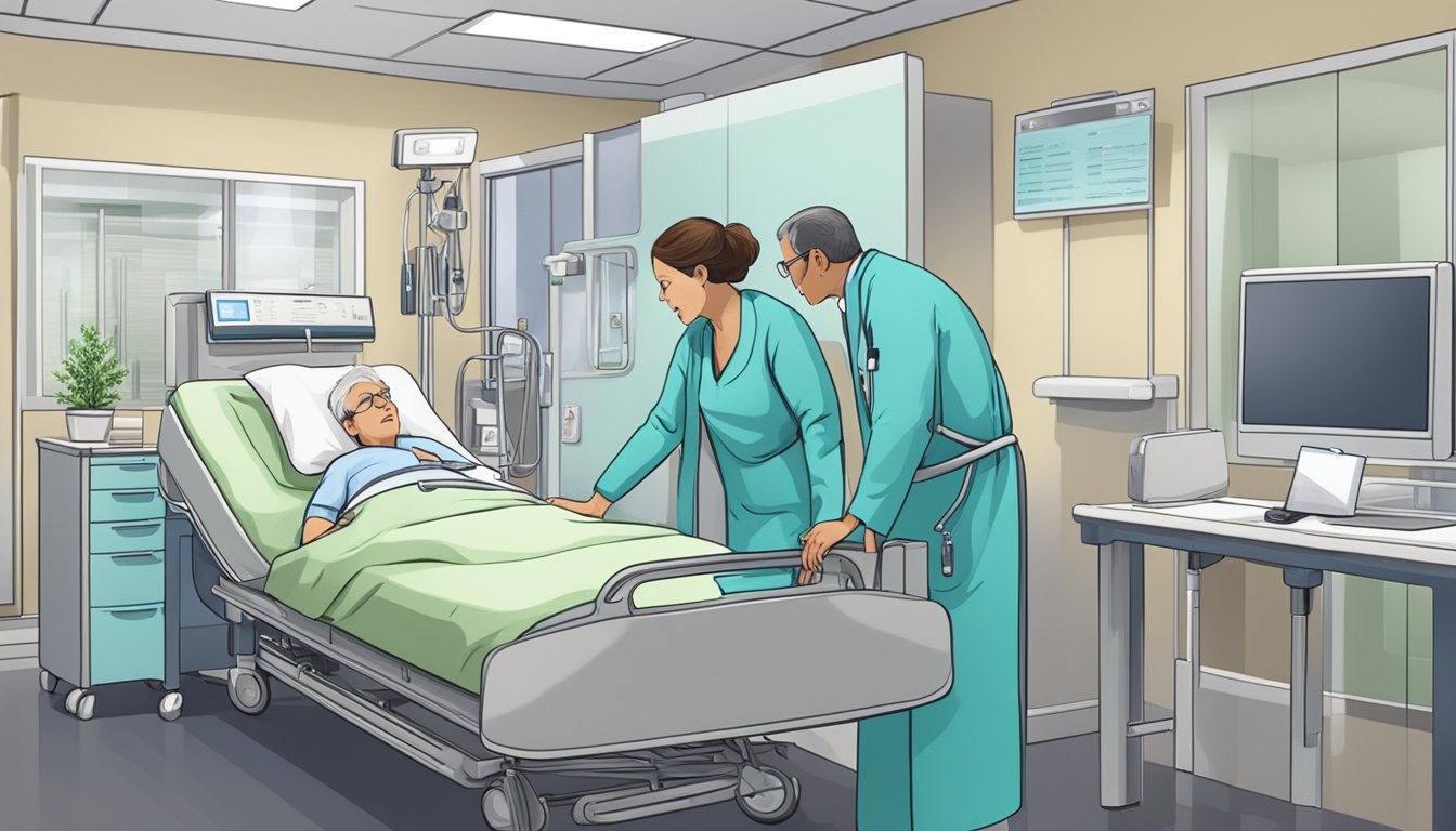 A hospital bed with a concerned family member speaking to a doctor about critical illness insurance coverage