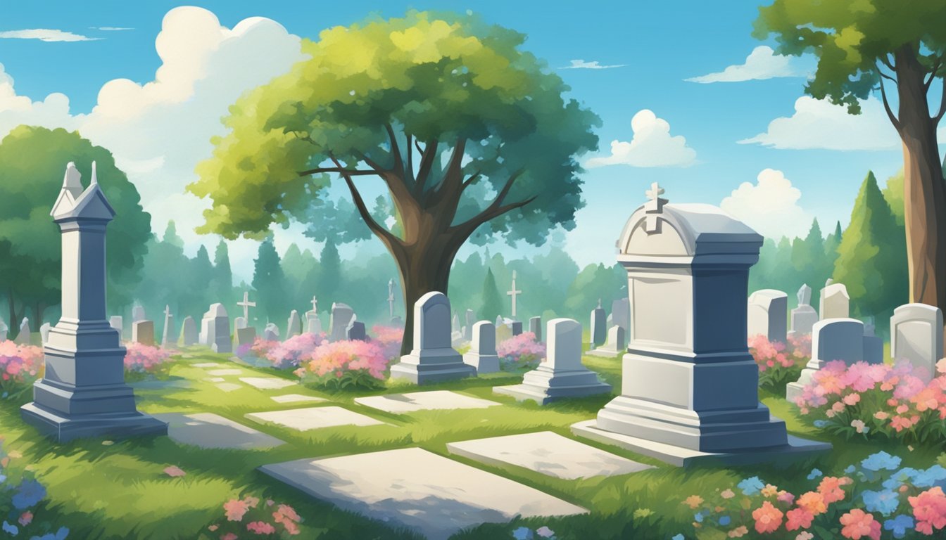 A serene cemetery with gravestones under a blue sky, surrounded by trees and flowers, evoking a sense of peace and tranquility