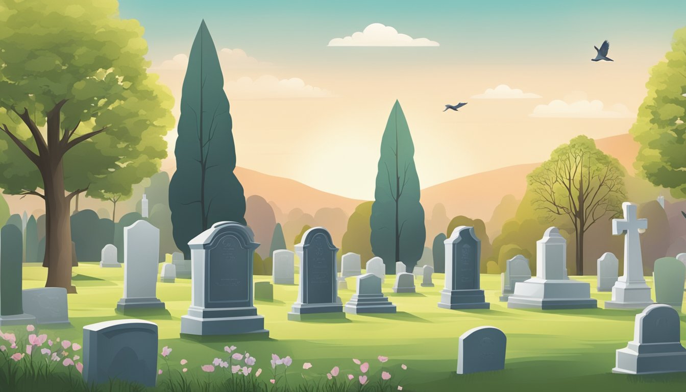 A serene cemetery with a peaceful landscape, gravestones, and a tranquil atmosphere, representing the need for a burial insurance policy