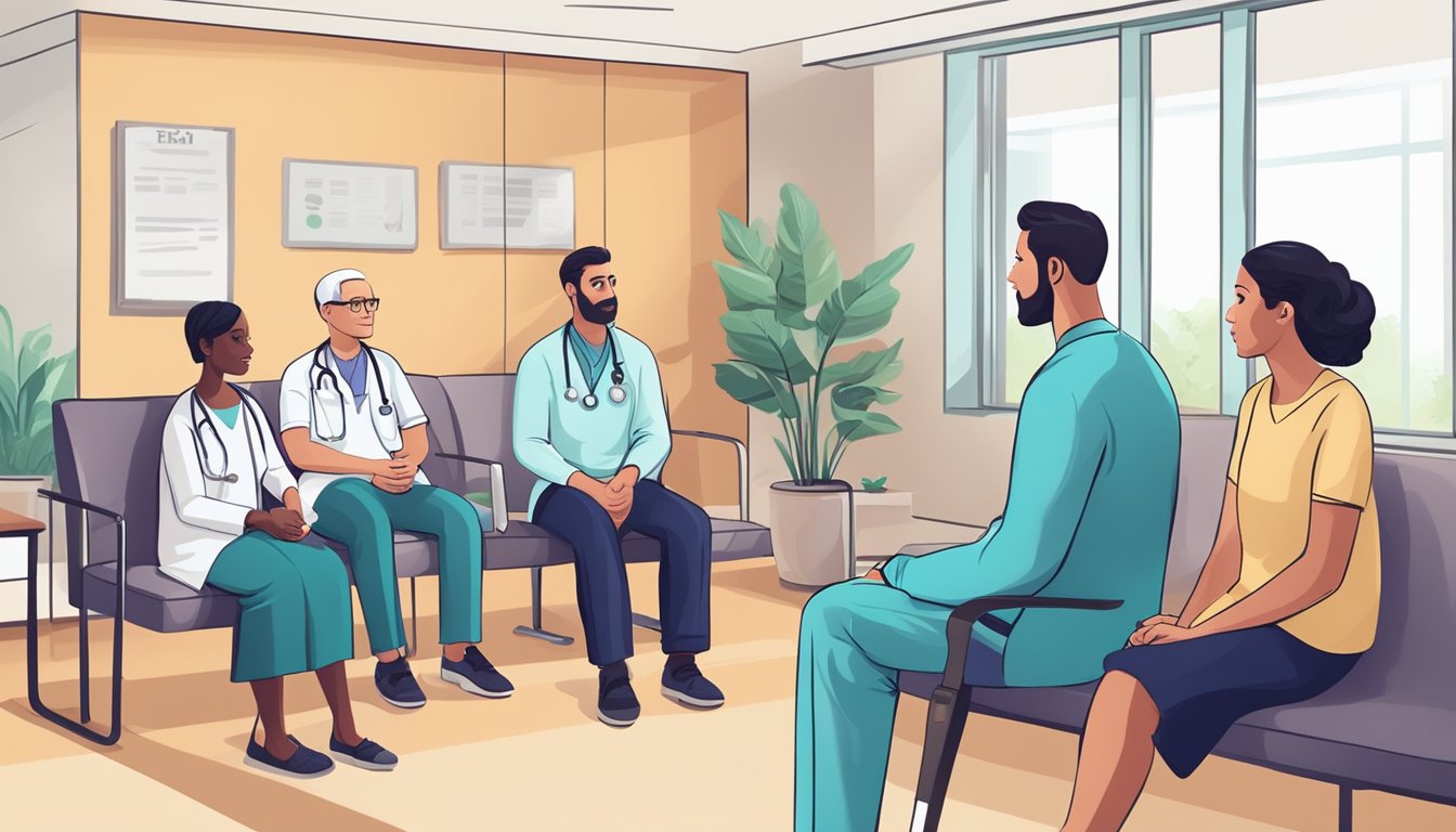 A doctor explaining critical illness insurance to a patient's family in a hospital waiting room