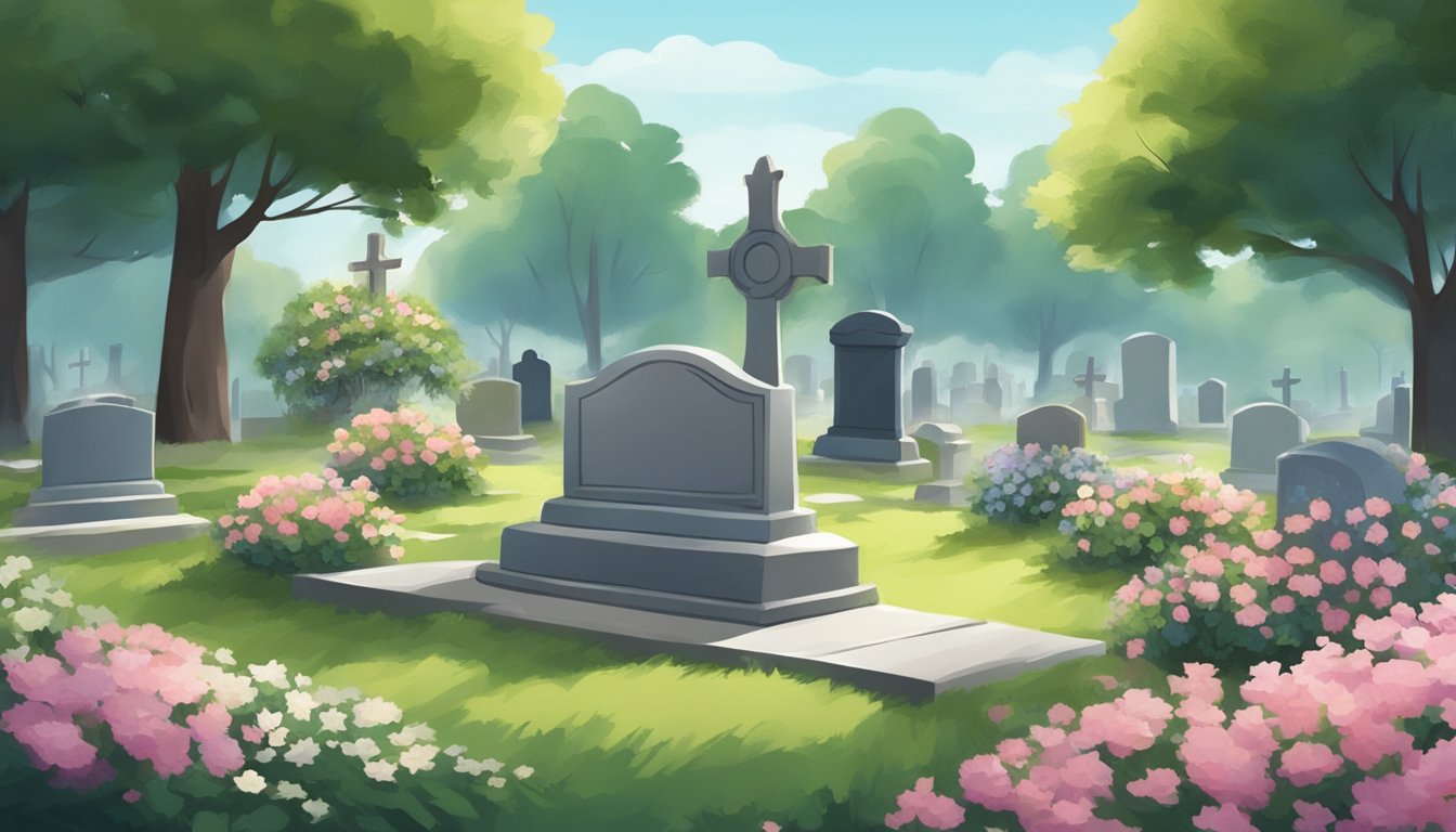 A serene cemetery with a peaceful atmosphere, featuring a gravestone surrounded by flowers and a gentle breeze blowing through the trees