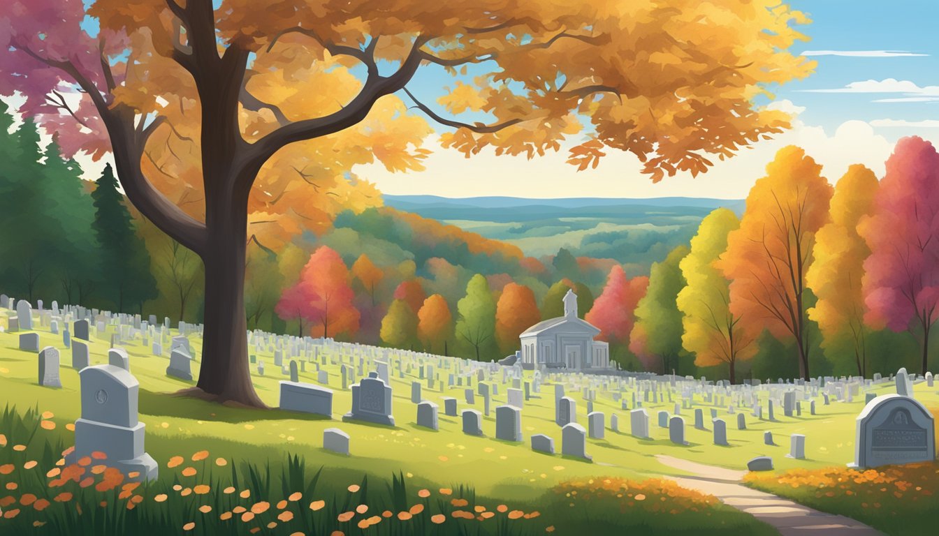 A serene landscape with a peaceful cemetery in Minnesota, surrounded by rolling hills and colorful foliage