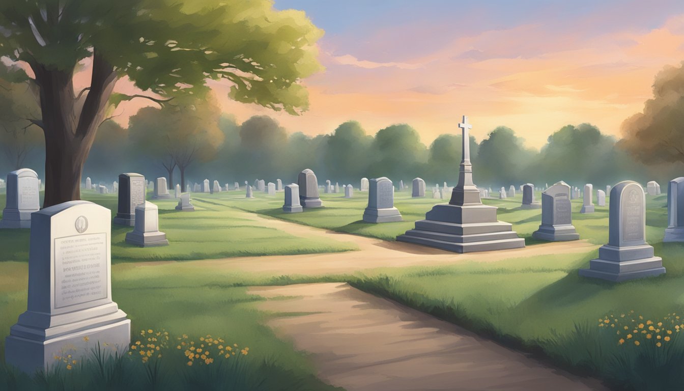 A serene Mississippi landscape with a peaceful cemetery and a financial planner discussing burial insurance with a client