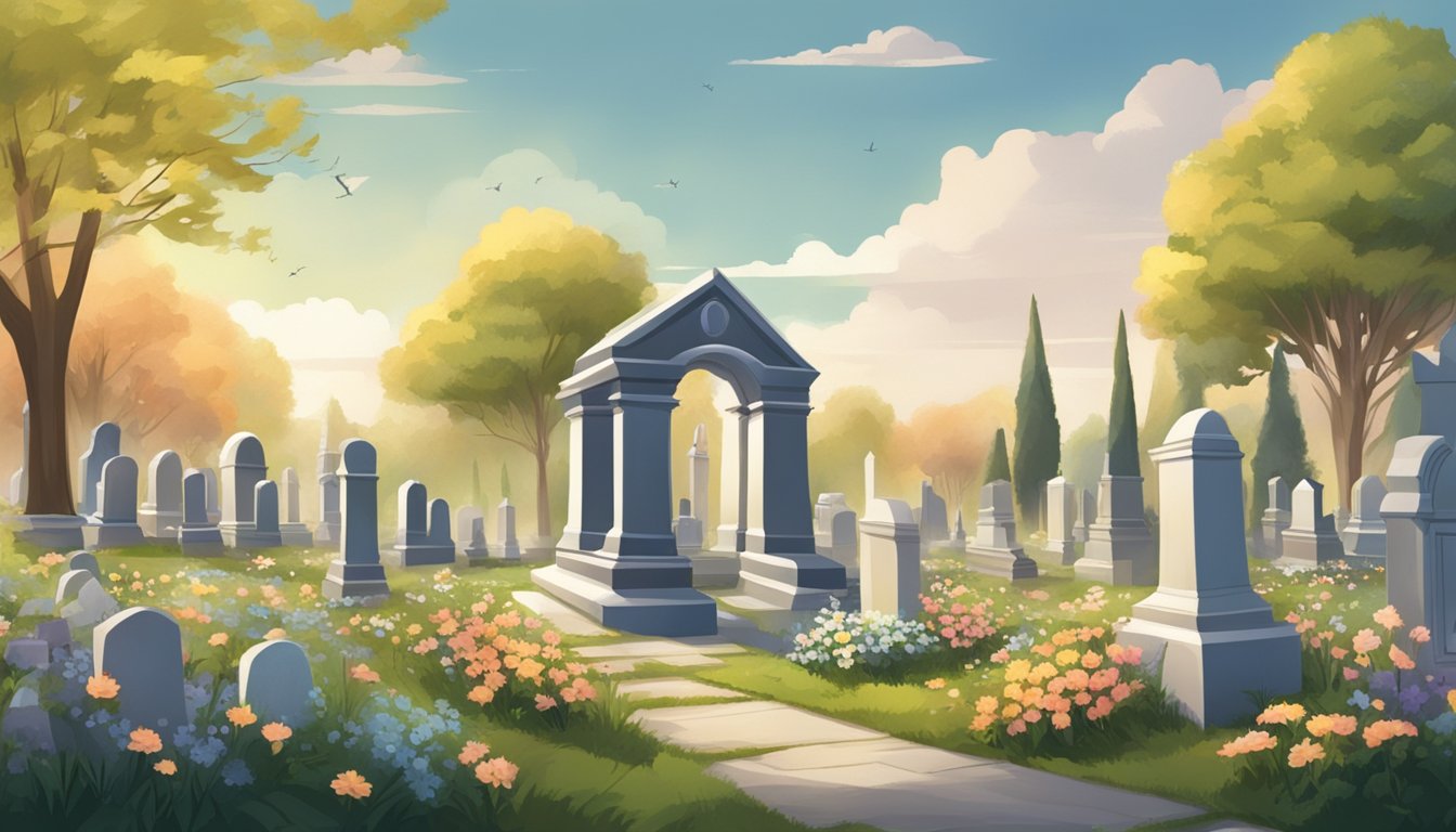 A serene cemetery with gravestones, flowers, and a peaceful atmosphere