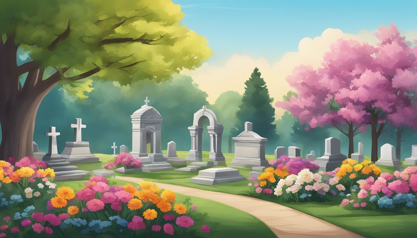 A serene cemetery with colorful flowers and a peaceful atmosphere, set against the backdrop of the Minnesota landscape